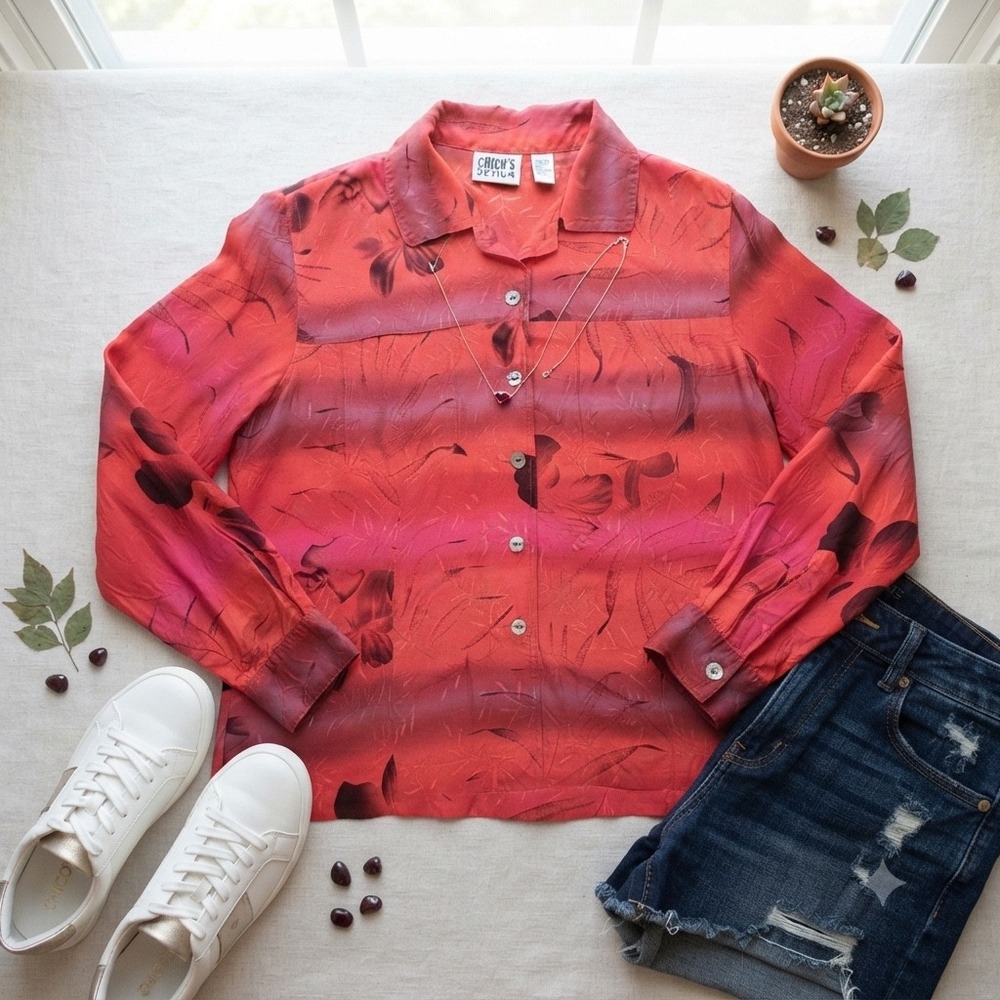 Vintage 90s Chicos Design 100% Silk Red Floral Button Down Blouse Size 1 Medium